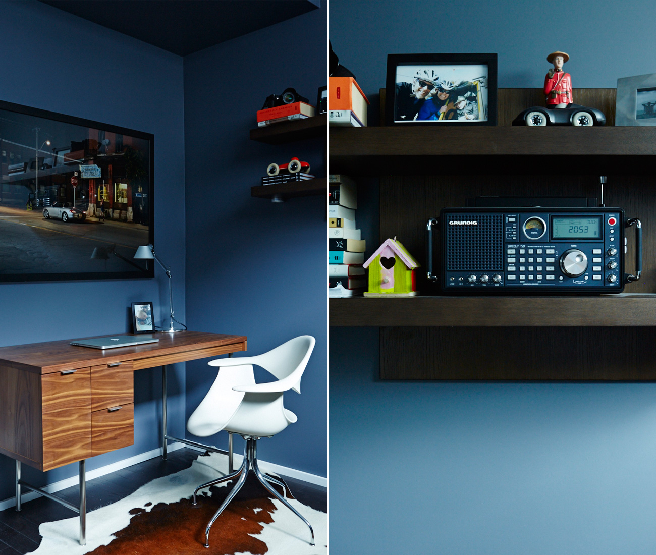 Left: Rob’s mucho-masculine office features a desk from Stylegarage; rug from Elte; photo by Finn O’Hara; and plenty of automobile memorabilia.