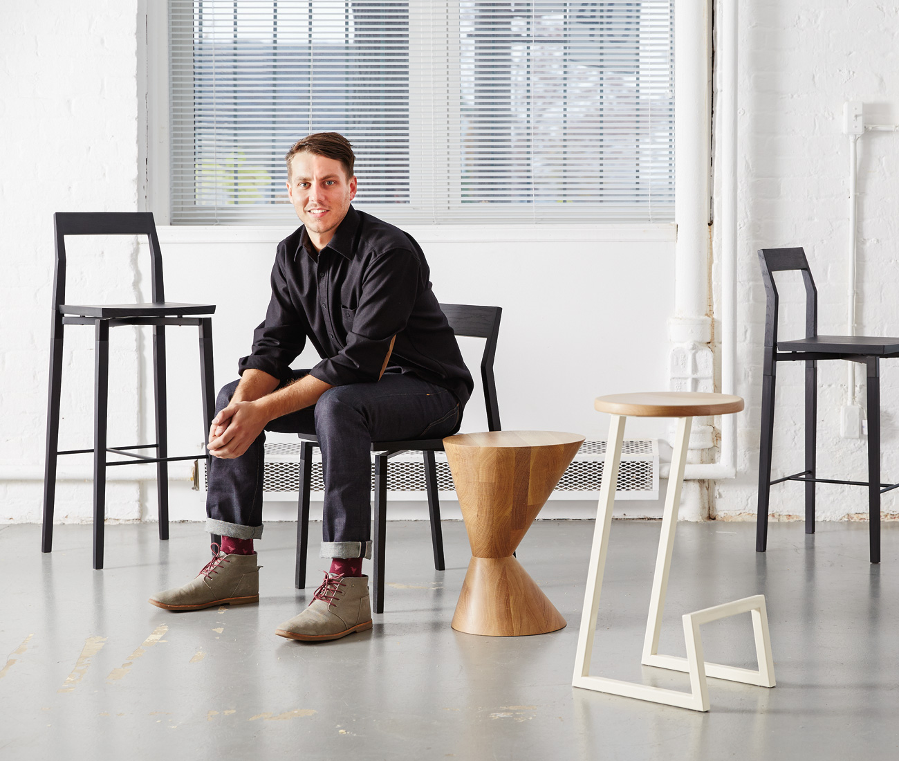 From left to right: Parkdale counter stool, Parkdale dining chair, Old Town stool off axis, Corktown bar stool, Parkdale bar stool. All available at Klaus (300 King St E).