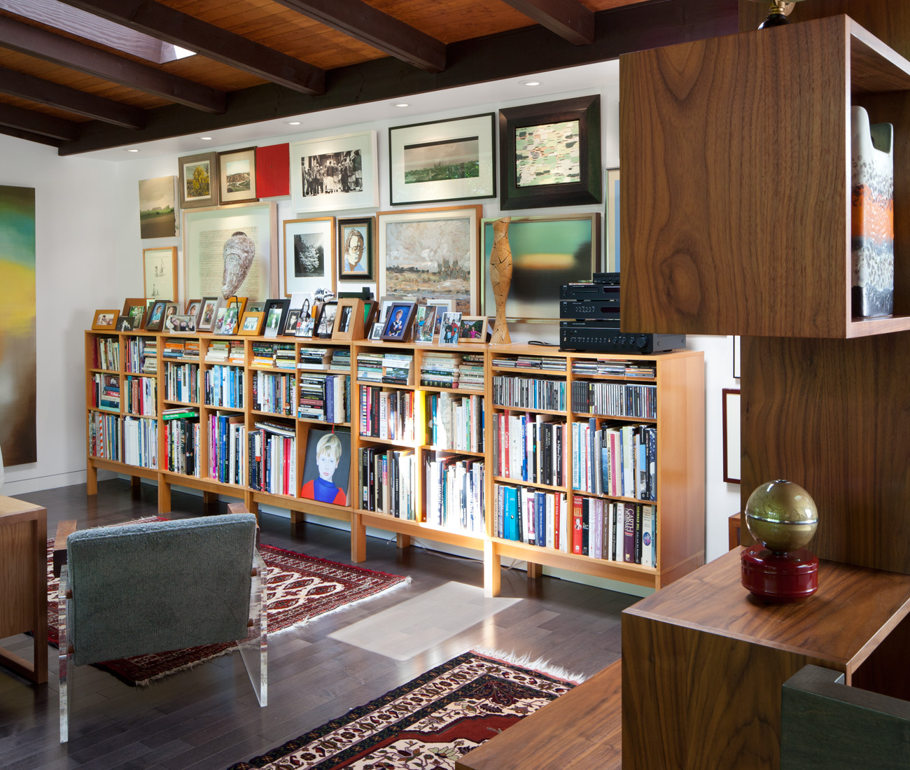 Vinyl record holder in the living room of a mid century home