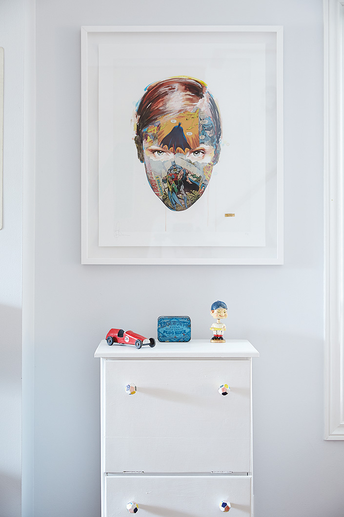 Original collage-painting, The Cage: Family Blood HPM, by Sandra Chevrier. The tin and dresser are fixed-up finds; bobble head and race car from Goodfolk.