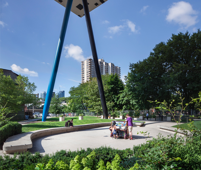 The Sharp Centre for Design’s colourful “pencils” are set off by sculpted beds planted with beech shrubs and hydrangea in Butterfield Park, which Joel Loblaw designed.
