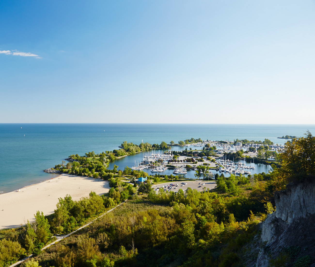 An aerial view of Bluffer’s Park Beach and the float homes moored nearby.
