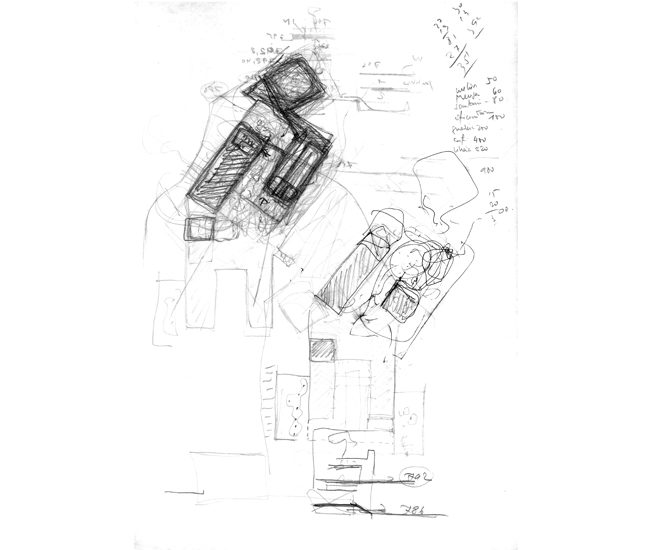 This 2010 sketch by Domingo Santos shows the breaking open of the eastern section of the the Visitor Centre to create a permeable courtyard.