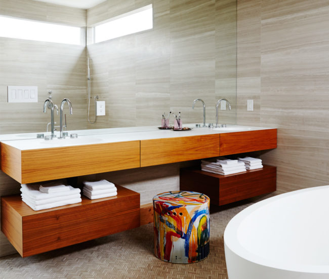 Wood bathroom vanity with a towel shelve | Bathroom Design Ideas