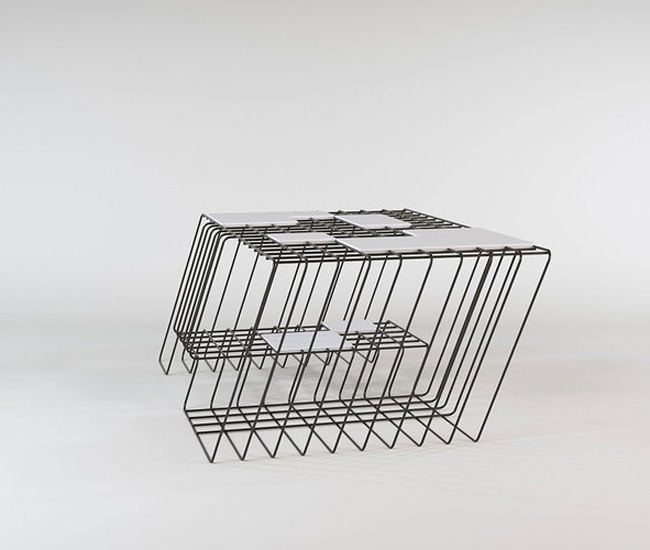 Iso Table by Justin Bailey. Inspired by isometric drawing, Justin Bailey’s slanted wire and tile coffee table was one of the most original designs we saw. The designer uses bold, parallel lines to create a feeling of forward movement that would energize any interior. 