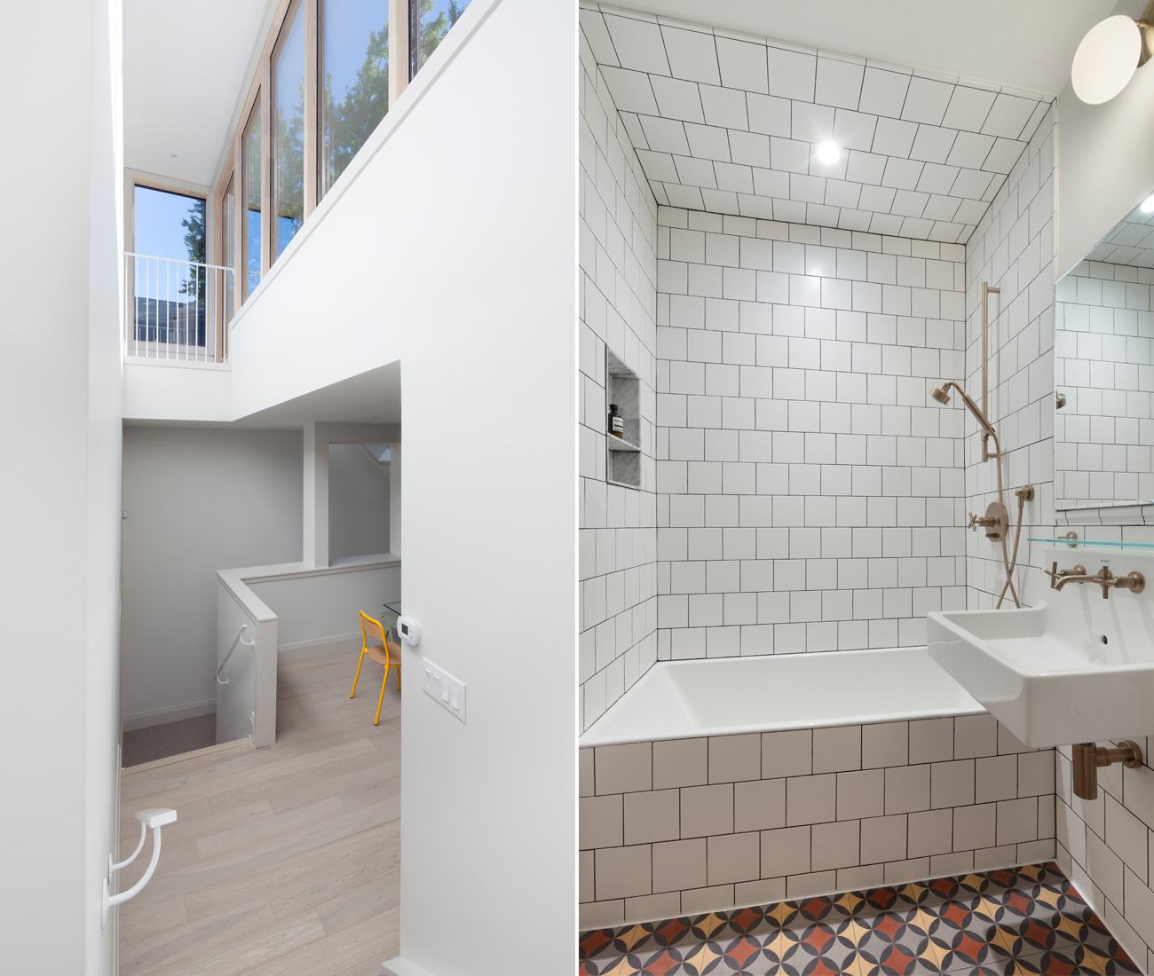 Left: A soaring atrium opens to the third storey, with western light pouring in from a full wall of windows from Torp. Right: Formerly a walk-in closet with half walls, the new bathroom features cement floor tiles by Clea and subway tile from Stone Tile. Sink by Duravit; shower by Kohler.