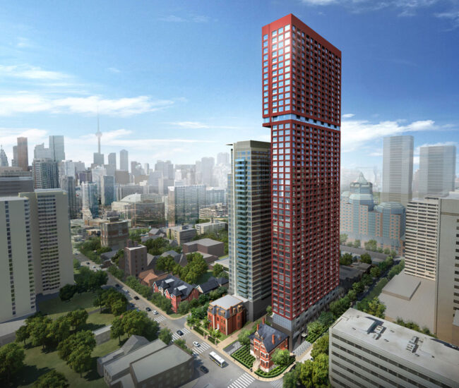 Aerial view rendering of The Selby, Brick-Clad High Rise in Toronto