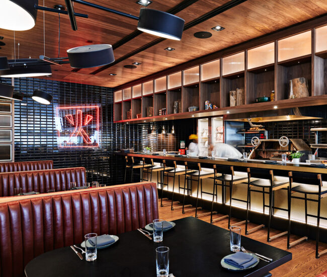 Toronto restaurant Kōjin, view of the interiors with the bar section