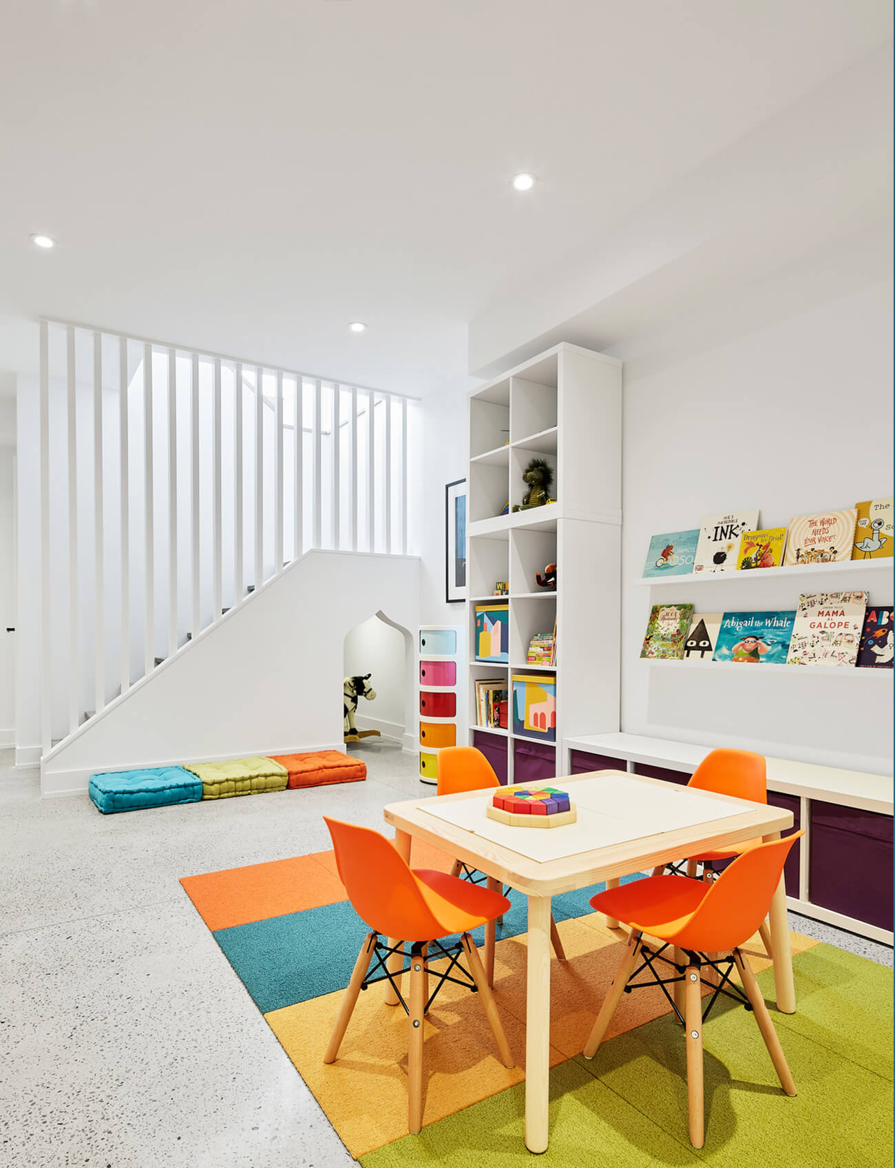 With durable Flor carpet tiles, the kids’ play area is ready to stand up to years of use. Furnishings were purchased at Kids at Home.
