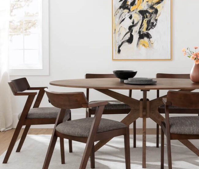 Article Dining room collection brown stained table and chairs set with white wall interior and painting