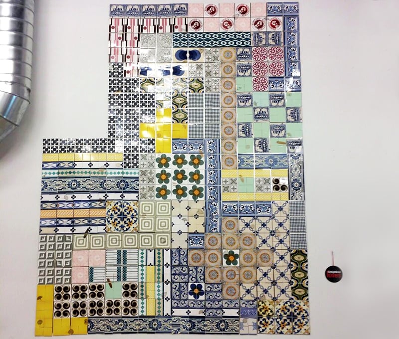 Vancouver-based art studio Dear Human's Patchworked in Canada wall installation at the Bosley Festival Hub on Queen West. The 1200-ceramic-tile mosaic is made up of repurposed Portuguese materials, in which each square tile was rejuvenated to added custom gold-foil motifs in the shape of feathers. Once the exhibit is dismantled, the designers will distribute the tiles across Montreal, Toronto and Vancouver, with a magnet and QR code at the back of each so that spotters can scan and learn the history and traces of each tile. Tagged by Tory Healy.