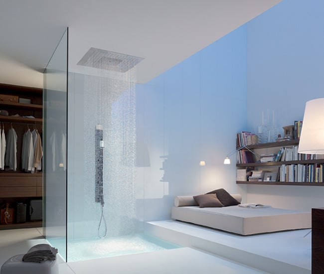 ShowerHeaven by Axor next to a bed small smart bathroom