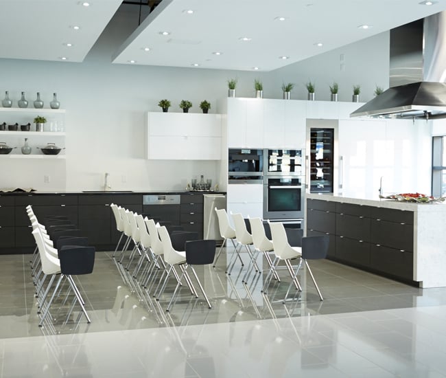 Toronto countertop materials showroom Cosentino Surfaces' Miele demo kitchen features Silestone Lyra countertops.
