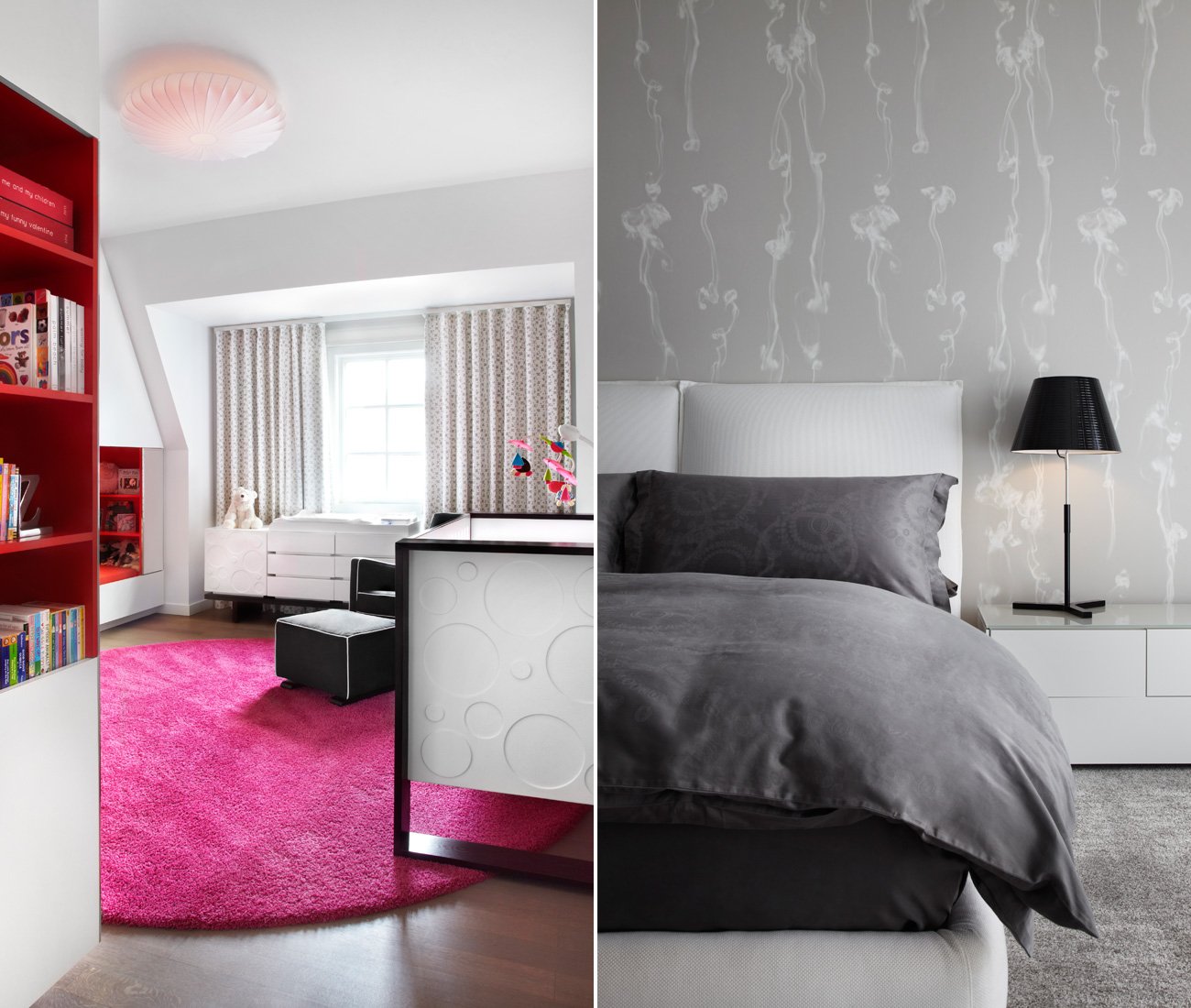 Baby’s room with a reading nook on the left. Right: Trove wallpaper, with repeat of billowing smoke