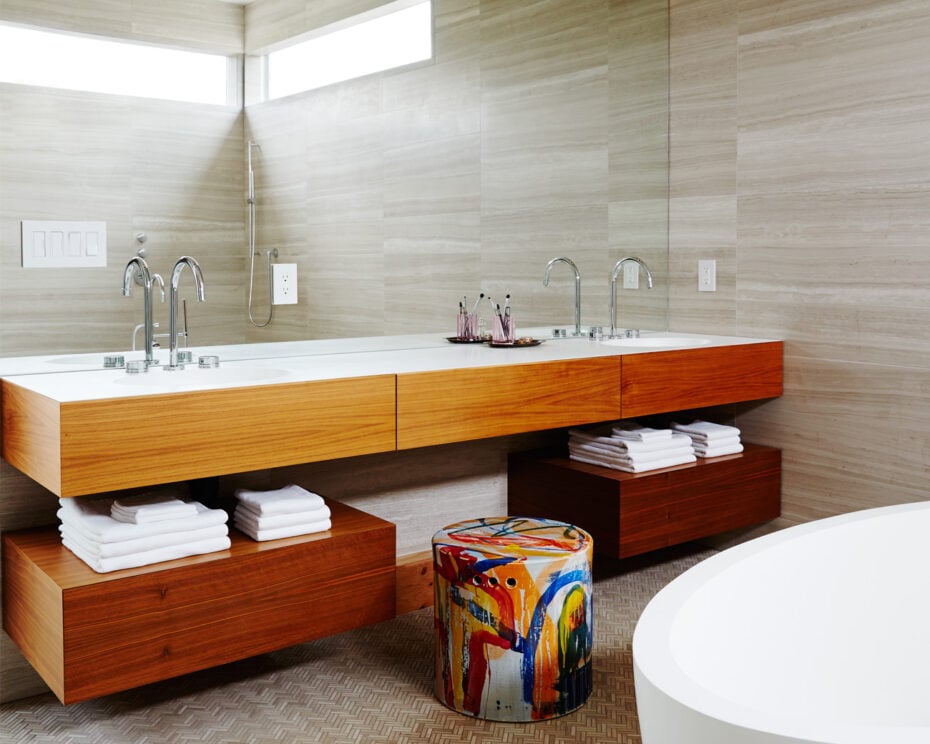 Wood bathroom vanity with a towel shelve | Bathroom Design Ideas