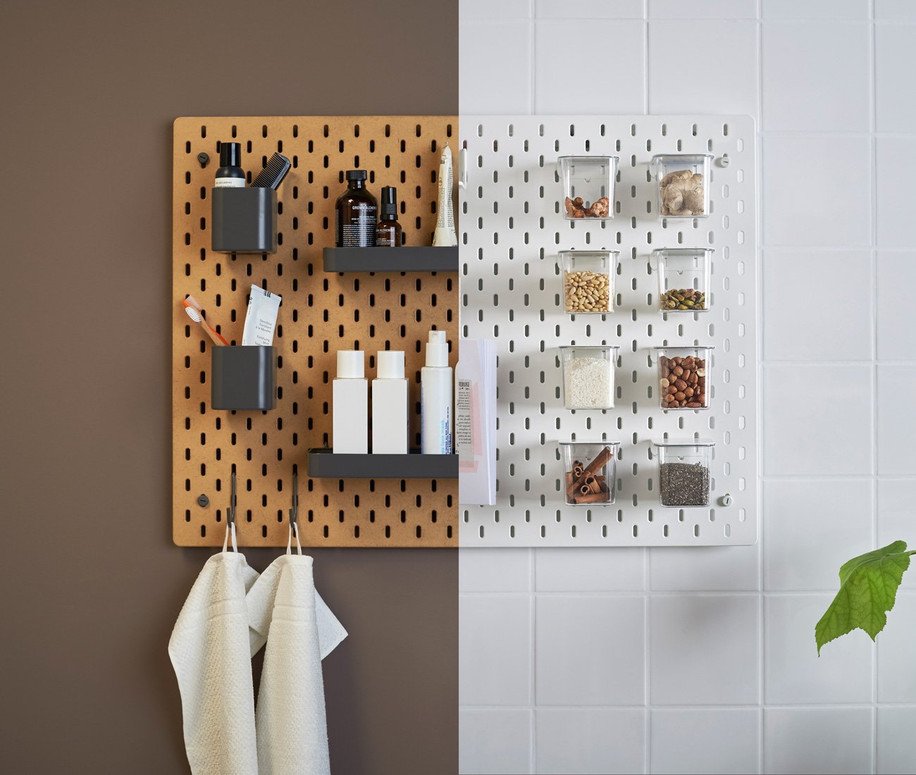 Wall system in action as bathroom vanity and kitchen spice rack.