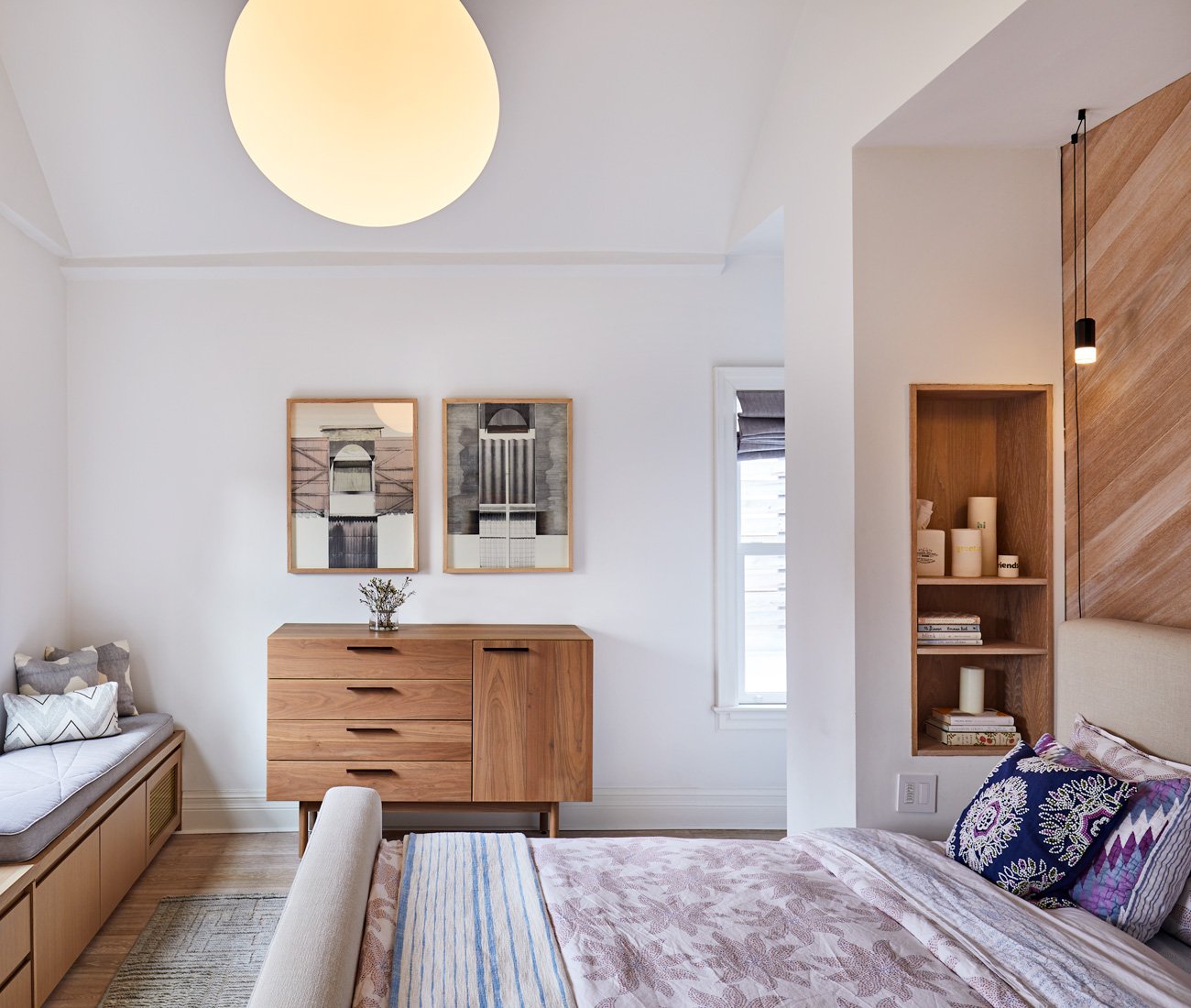 Cabbagetown Victorian Alison Milne Design Toronto Modern Home Custom white oak headboard and bedside lamps in the master bedroom by Alison Milne Design