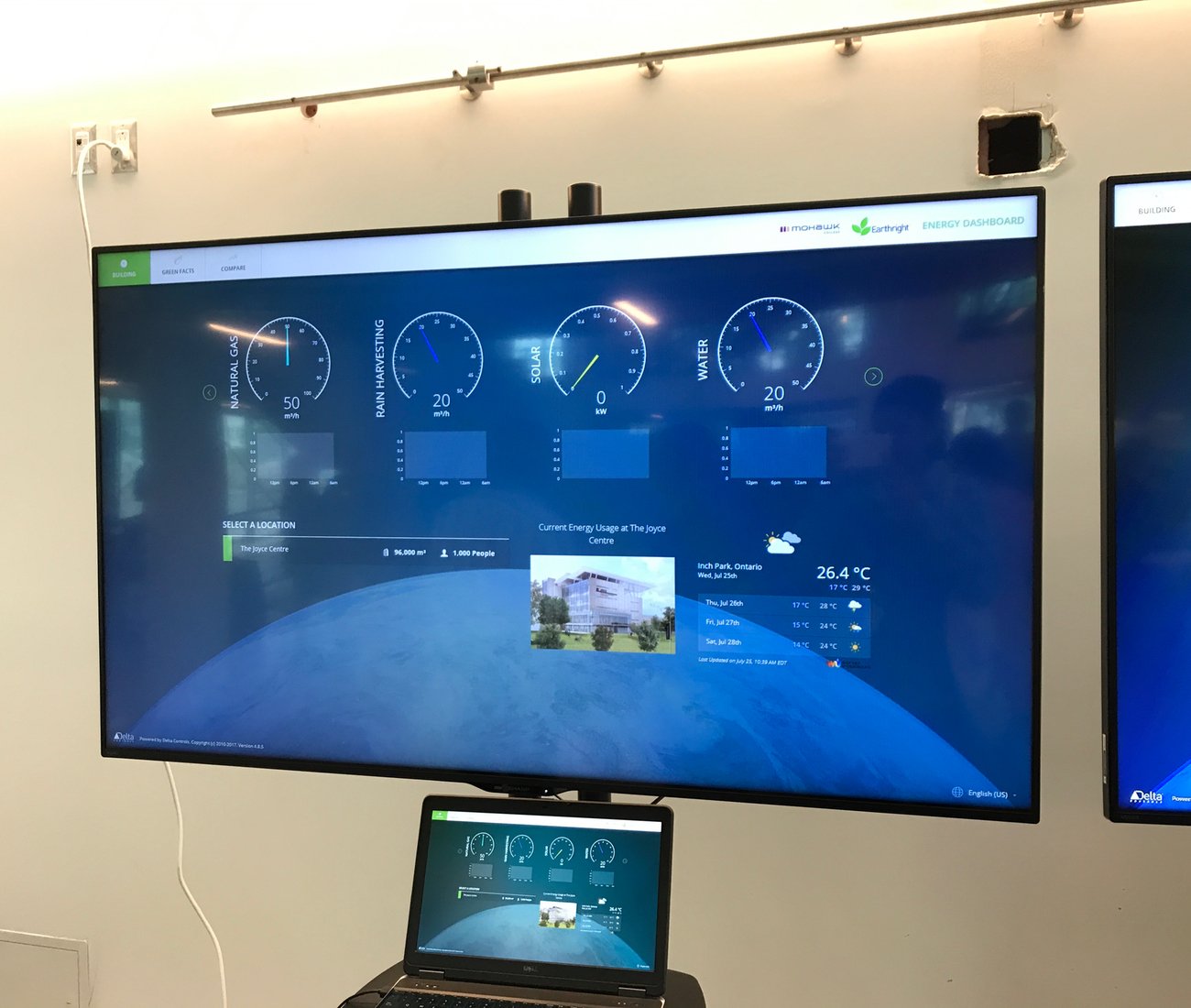 Monitors in the atrium at Mohawk College's Joyce Centre in Hamilton
