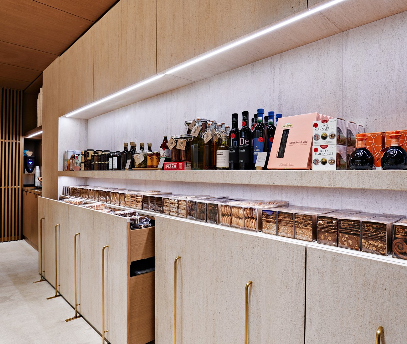 Cookie packages and other products available at Biscotteria Forno Cultura in Toronto. Highlight of the storage space