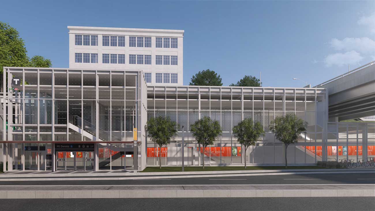 Eglinton Crosstown, the exterior of the the former Eastman Kodak Company building transformed into Mount Dennis station