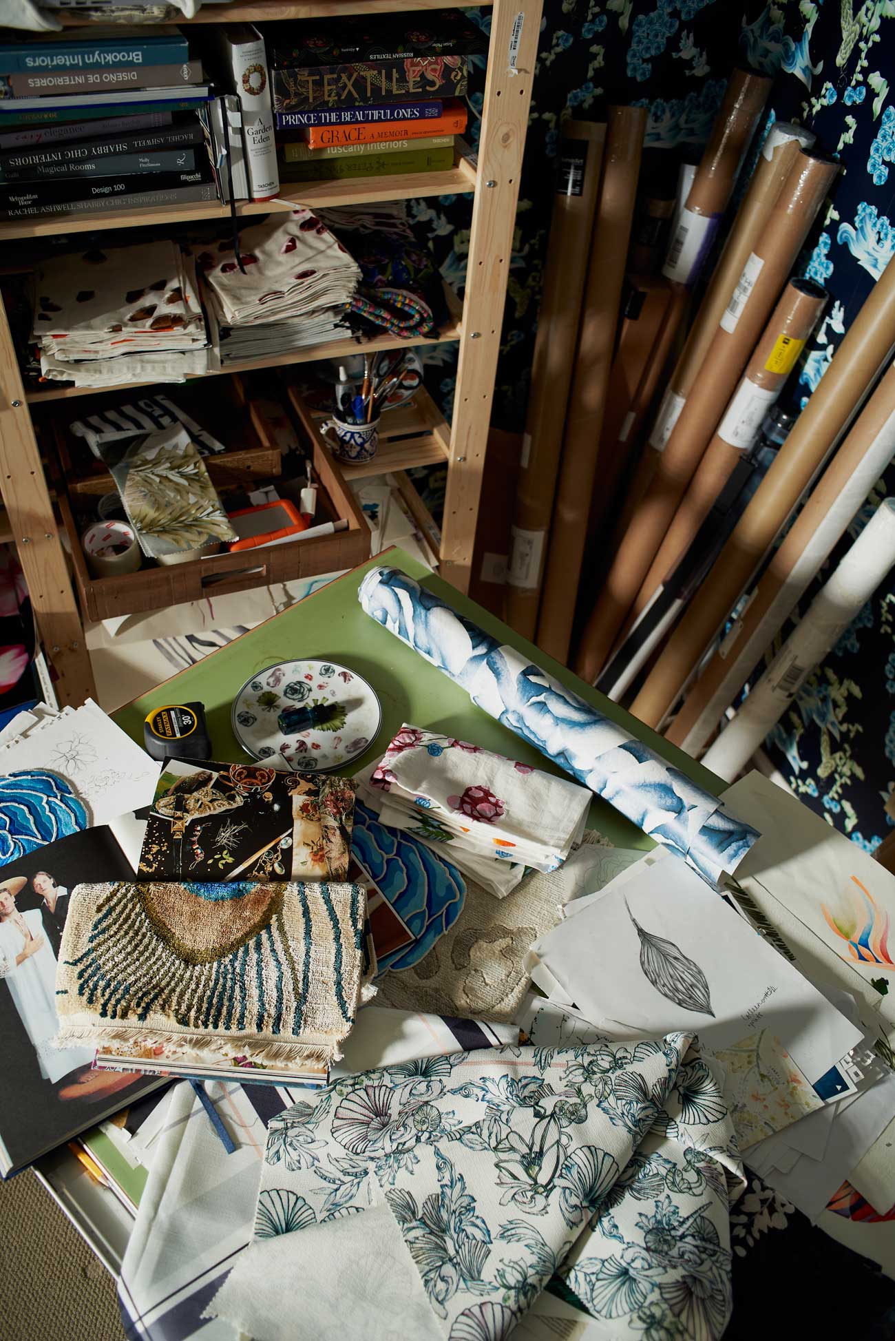 Books, sketches, mood boards and textile samples