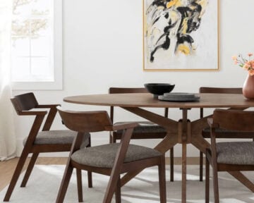 Article Dining room collection brown stained table and chairs set with white wall interior and painting