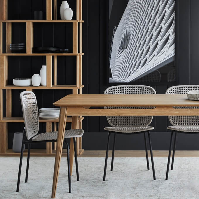 Light wood dining room table with chairs and shelf mid-century modern style furniture