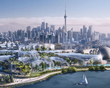 Rendering of Ontario Place redevelopment plans with the Toronto skyline in background